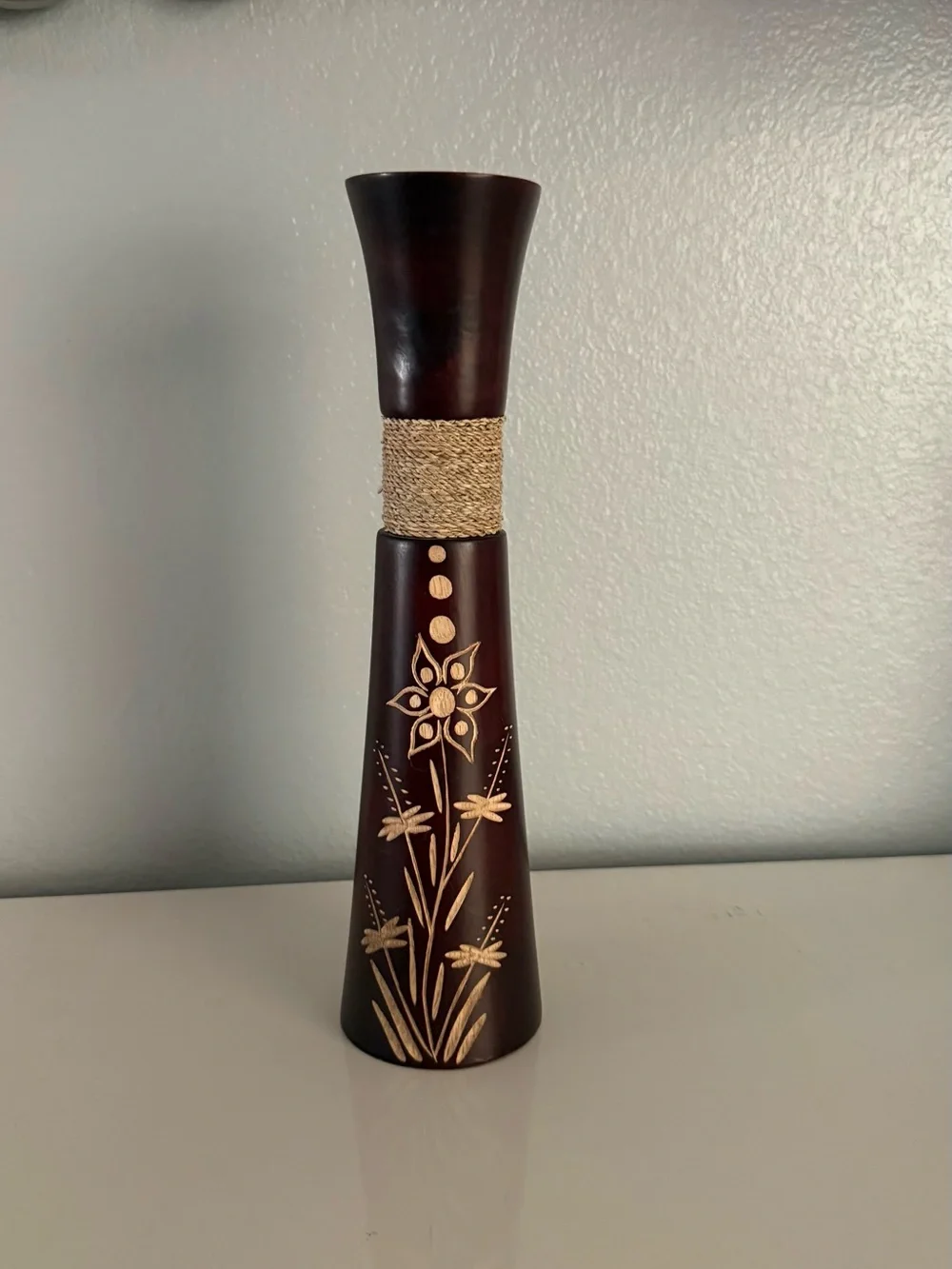 Hand-Carved Brown Floral Wooden Vase with Twine Accent